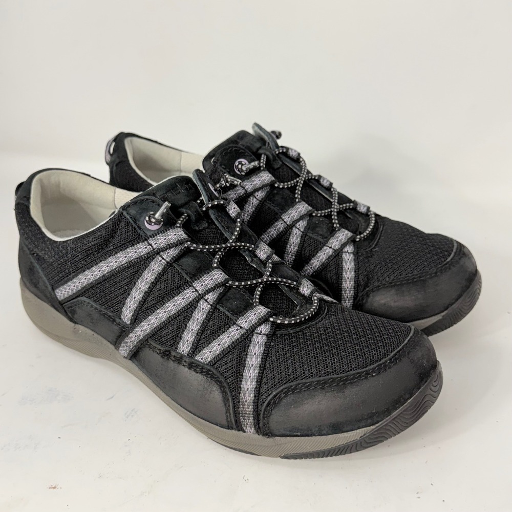 Dansko Elise Womens 38 Black Grey Leather Mesh Bungee Athletic Walking Shoes